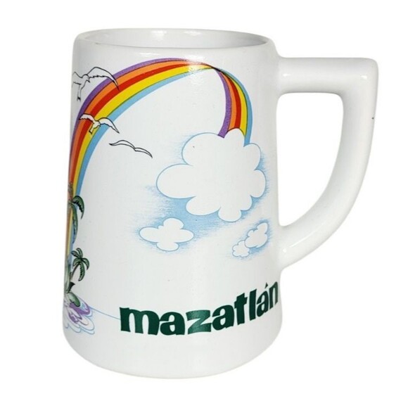 Vintage 80s Ceramic Mazatlán Rainbow Island Beach Palm Trees Coffee Tea Mug Cup - Picture 1 of 7